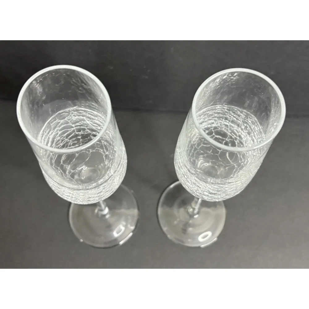 2 Pier 1 Angled Rim Crackle Champagne Flutes Glass Clear 9 7/8